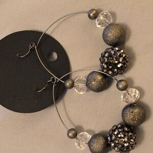 Handmade dangle hoop beaded earrings gunmetal color.